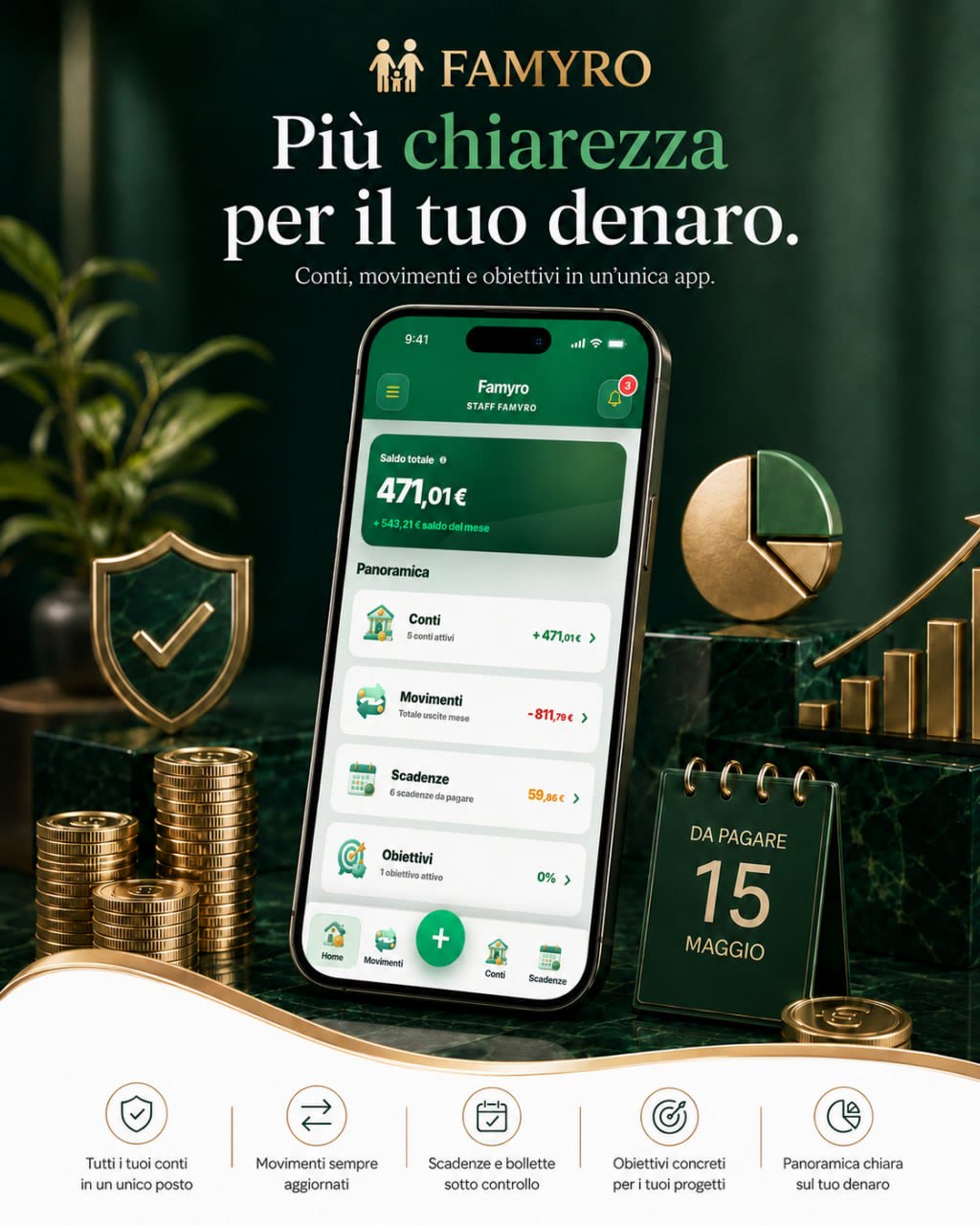 Famyro su smartphone per controllare spese, scadenze, margine e obiettivi personali