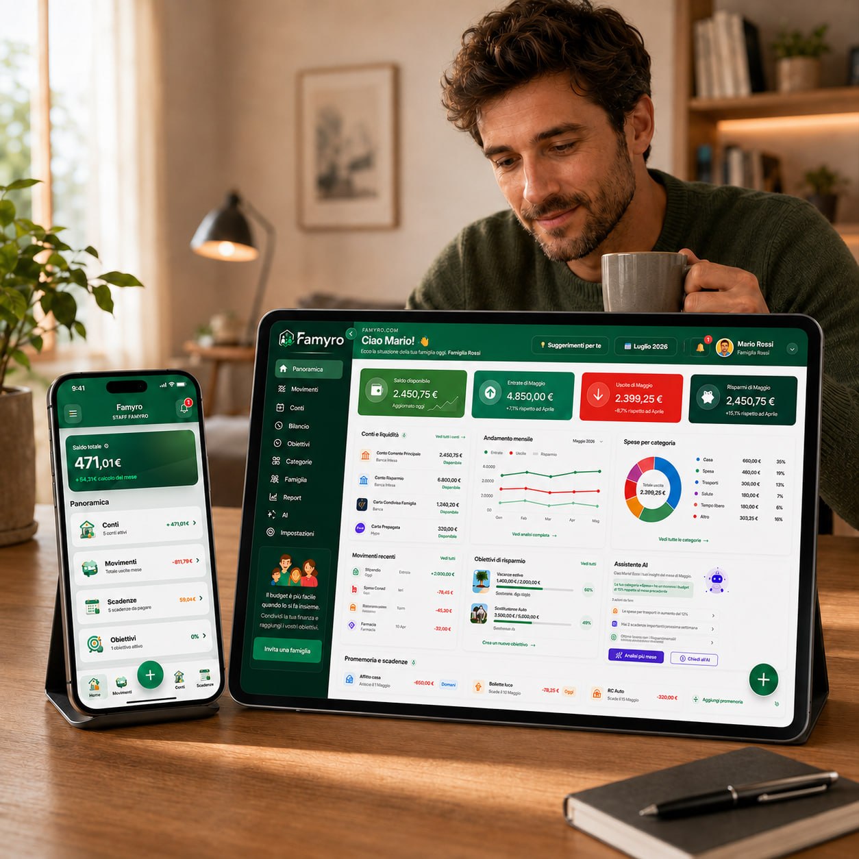 Persona che consulta Famyro su tablet e smartphone