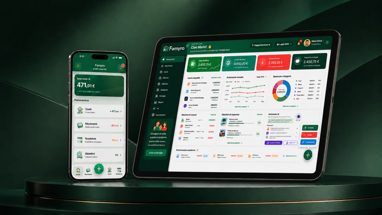 Famyro su smartphone e tablet per gestire denaro personale, spese e obiettivi