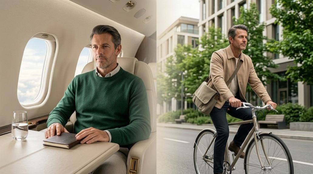 Composizione divisa: lo stesso uomo viaggia in aereo privato da un lato e si sposta in bicicletta in città dall’altro, simbolo di ricchezza non ostentata